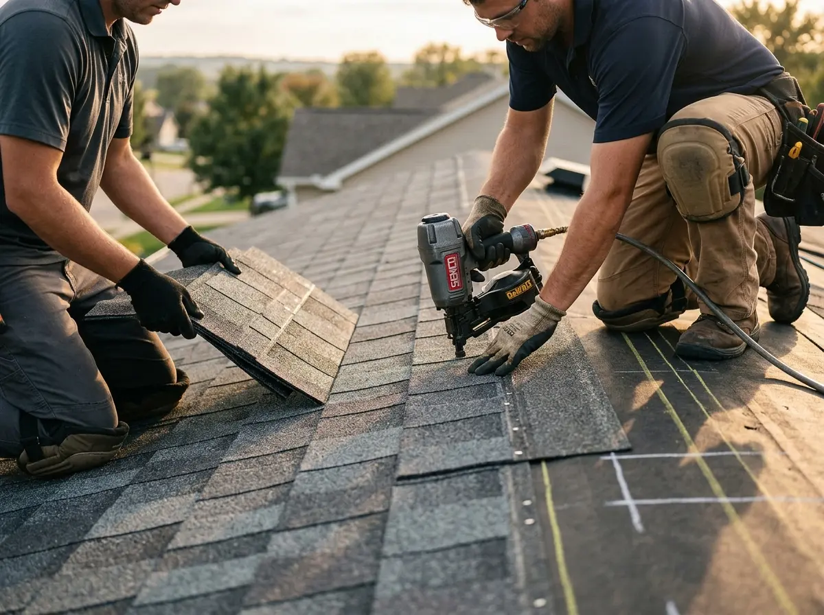 Professional roofer working on a residential roof in Rio Pinar